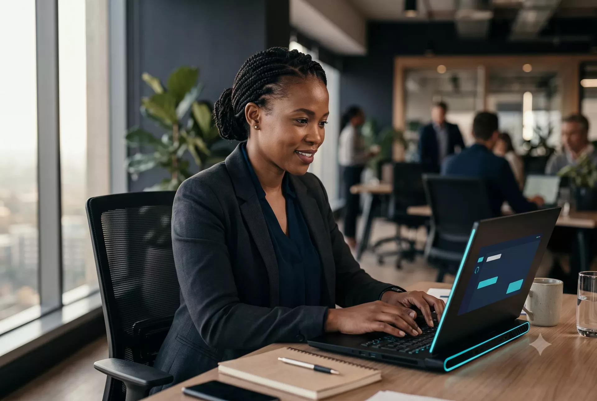 Professional in a Sandton office building an AI bot in ChatGPT during CyberNova's AI Bots Training cohort