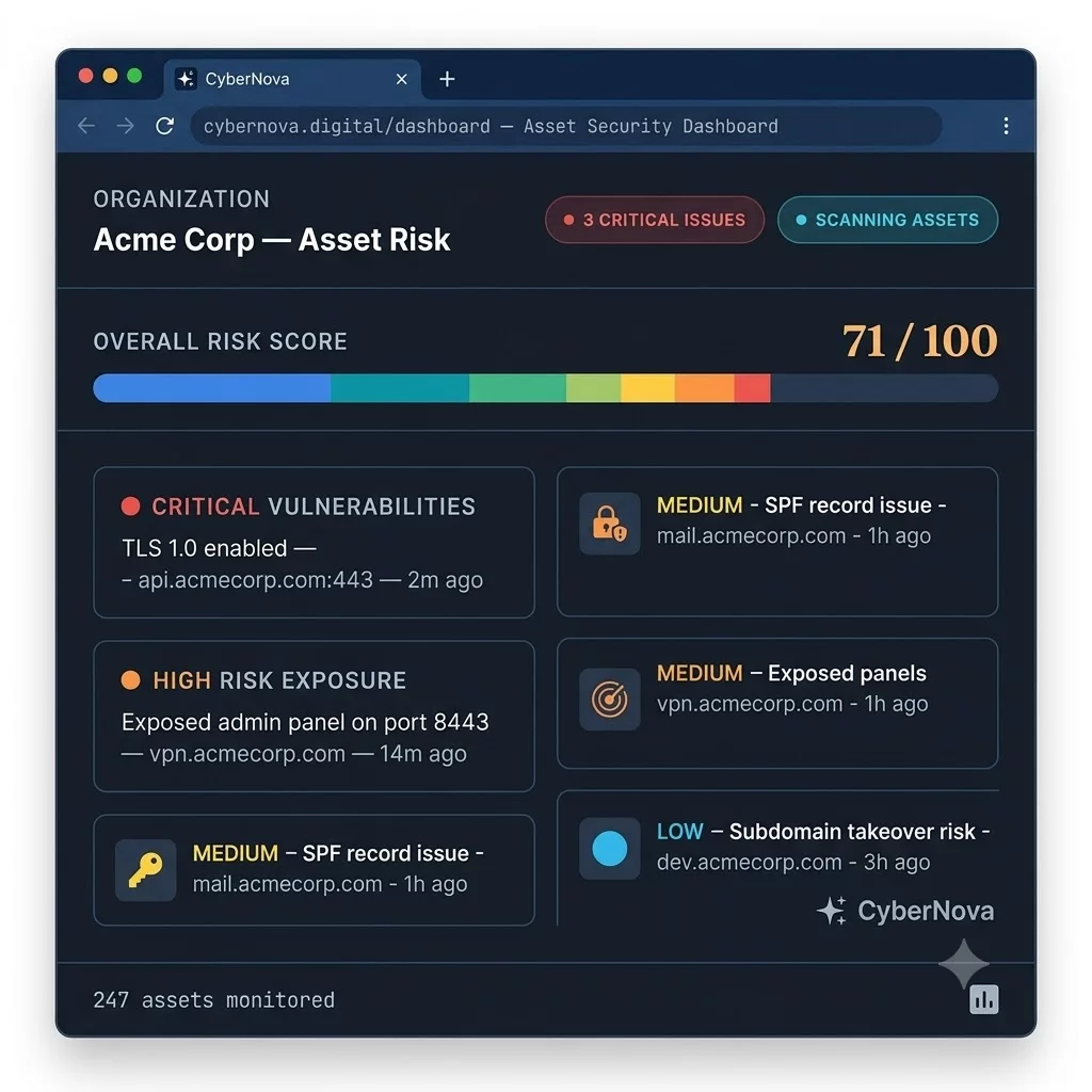 Attack surface monitoring dashboard showing discovered assets and risk scores